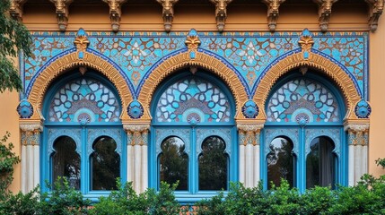 Fototapeta premium Ornate facade featuring intricate tilework and arched windows in blue and gold
