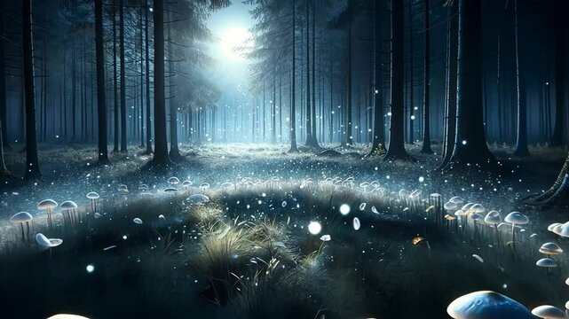 Blauer Nebelwald mit funkelnden Pilzen bei Nacht