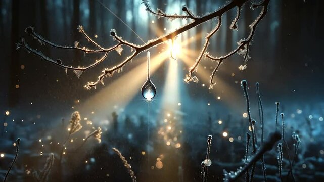 Leuchtender Tropfen in einem winterlichen Zauberwald