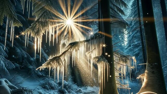 Magischer Winterwald mit funkelnden Lichtreflexen im Schnee