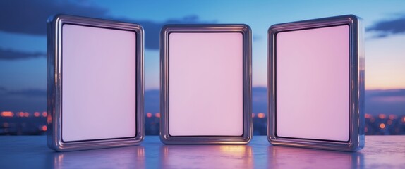 Mockup image of Empty billboard white screen posters for advertising, Collection of 3 Blank photo frames showcase for your design.