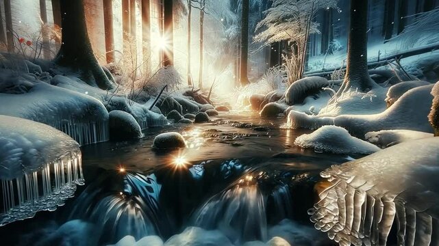 Verwunschener Wasserfall in einem verschneiten Wald