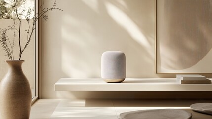 Minimalist home interior with smart speaker and ceramic decor in soft warm sunlight