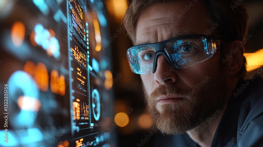Poster A focused individual examines high-tech quantum computing interfaces, engaging with concepts like qubits, superposition, and optimization algorithms in a modern lab environment.