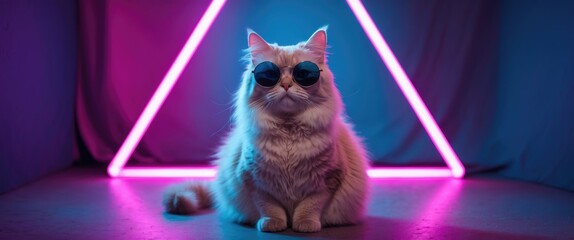 Lucifer the cat in a neon setting at night in a club or similar shady spot wearing sunglasses, looking cool and trendy.