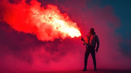 Fototapeta premium Masked person holding a fiery flare at night.