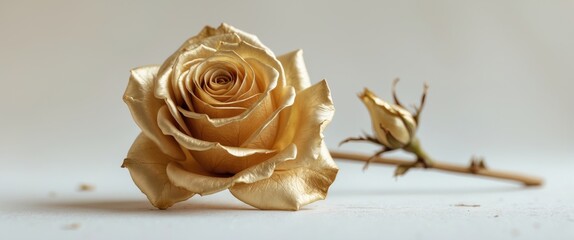 One golden rose isolated against a white background cutout. Dried golden flower head, romance theme.