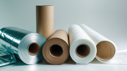 Fototapeta premium One roll of plastic wrap, one roll of aluminum foil, and one roll of parchment paper for home use against a light backdrop.