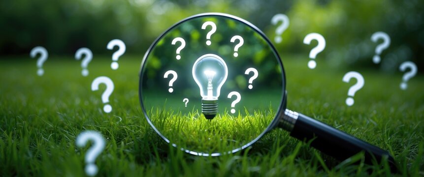 Magnifying glass concentrating on symbol and question mark on the grass in a garden with a green nature backdrop for decision-making process and solution problem-solving.