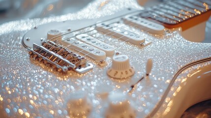 Close-up of Sparkling White Electric Guitar with Glittering Finish