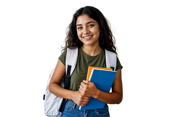 a female student is wearing a casual t-shirt concept jeans carrying a backpack smiling at the camera with an expression of happiness and confidence