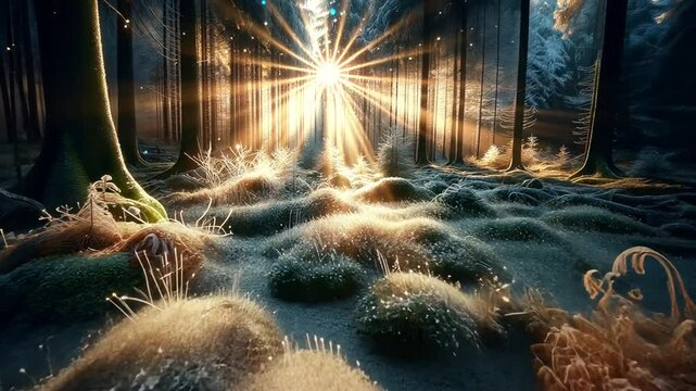 Sonnenstrahlen fallen durch den Morgennebel auf einen verschneiten Waldweg