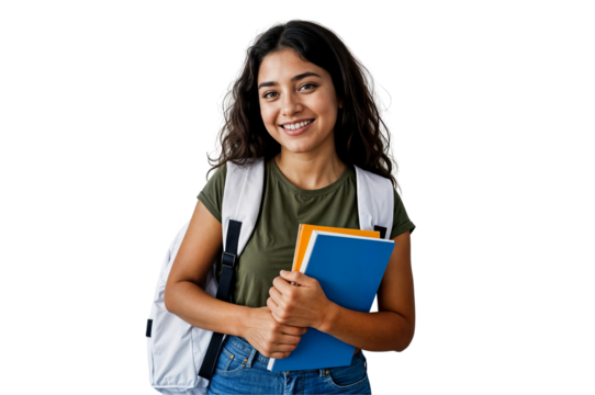a female student is wearing a casual t-shirt concept jeans carrying a backpack smiling at the camera with an expression of happiness and confidence
