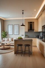 Fototapeta premium Modern kitchen in beige tones featuring household appliances integrated with a living room that includes an island with stools and decorative lighting.