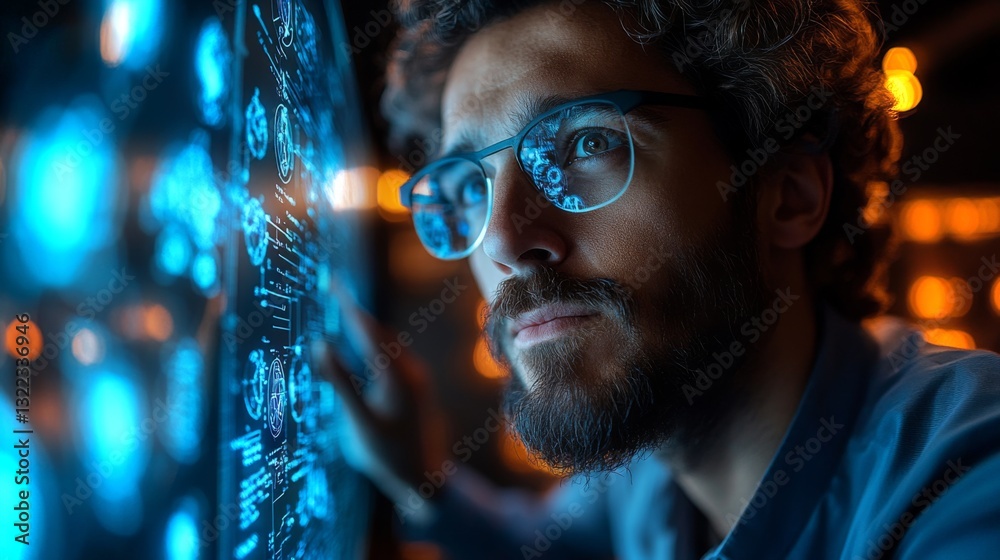 Poster A scientist observes quantum phenomena through advanced digital displays, focusing on qubits, superposition, and entanglement in a sophisticated laboratory environment.