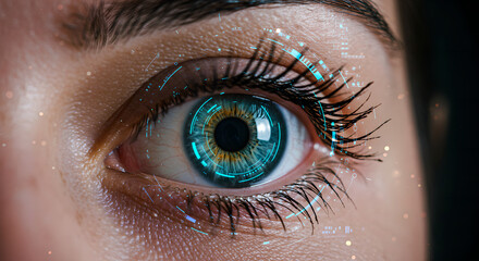 Futuristic human eye with hud interface, woman wearing cybernetic lens visualizing digital information, augmented reality contact for future technology concept
