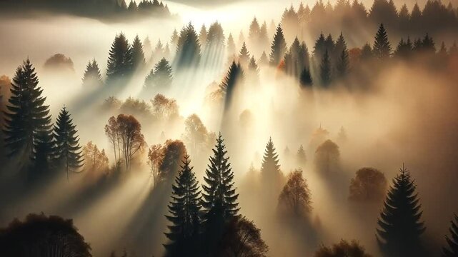 Nebel liegt &uuml;ber einem dichten Wald am fr&uuml;hen Morgen