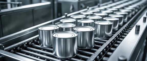 Machinery industrial machine for canning and packaging production. Canned food processing and packaging, concept of industrial food.
