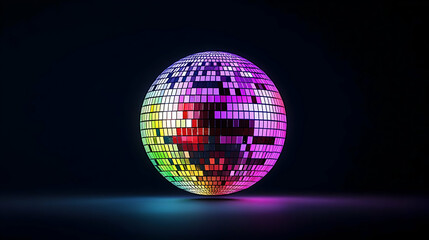 Obraz premium 3D Render of a Pixelated Multicolored Disco Ball Glowing In Dark Background with Iridescent Light and Shadow