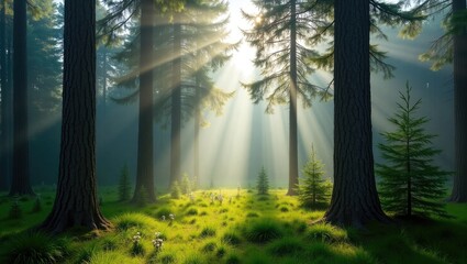 Natural Spruce Tree Forest, Sunbeams through Fog create a Mystic Atmosphere