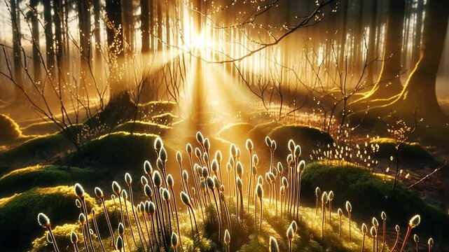 Goldene Sonnenstrahlen durchdringen eine magische Waldlichtung