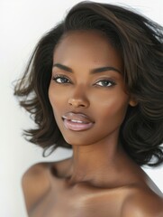 Obraz premium African American woman with sleek glossy hair and natural makeup