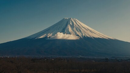 The tranquil beauty of mount Fujiyama reflected in a still lake surrounded by lush greenery