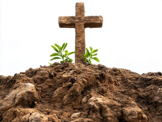 Sacred Ground: A stone cross stands atop a mound of earth with vibrant green shoots, symbolizing faith, hope, and spiritual growth.
