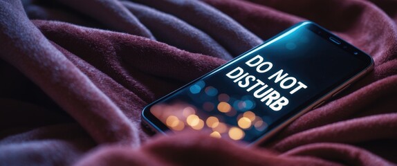Modern smartphone displaying the inscription do not disturb on a dark cozy fabric background. The idea of relaxation, solitude, and introversion. Close-up.