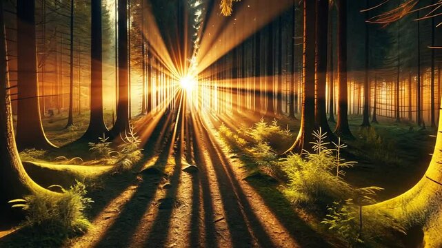 Goldene Sonnenstrahlen durchfluten einen stillen Wald
