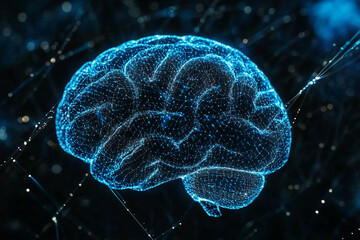 Fototapeta premium Abstract digital human brain network neural connections 3d mind idea data blue dots mesh lines future