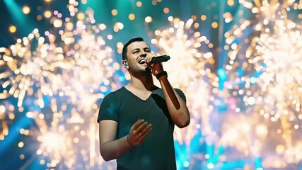 Man Singing Into Microphone on Stage Under Light Show, Singer at Song Contest Music Concert Spotlights Concept 