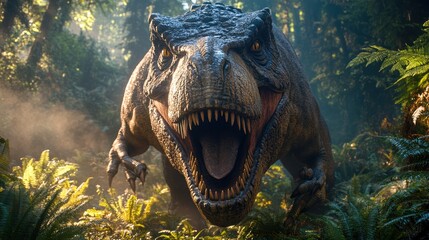 Fototapeta premium A colossal T-Rex, its silhouette a stark contrast to the vibrant backdrop of lush ferns, lunges forward with powerful strides, its jaws a gaping maw filled with razor-sharp teeth.