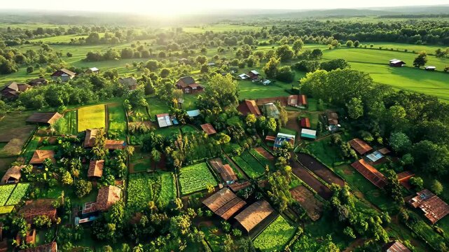 Vibrant aerial view of a Ugandan village showcasing lush greenery and agricultural landscapes, Aerial view of a village in Uganda