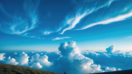 On a hilltop overlooking the endless blue horizon. The sky appeared unusually bright. White clouds floated gently, resembling feathers in the air.