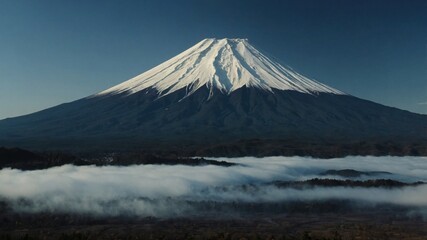 The tranquil waters of a pond mirroring the stunning peak of mount Fujiyama in the morning light