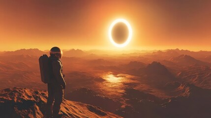 Fototapeta premium Astronaut witnessing an annular solar eclipse on an alien planet.