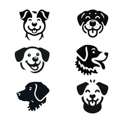 A collection of adorable dog head icons in flat black silhouette style. Includes various happy and cute dog face illustrations ideal for pet-related branding, veterinary designs, logo creation, mascot