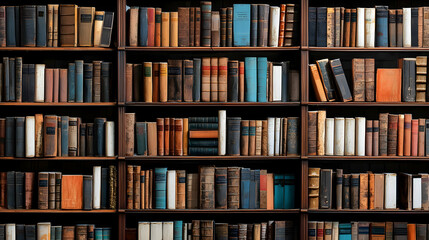 Extensive Collection Of Antique Books In A Dark Wooden Bookshelf In A Vintage Library Filled With Classic Literature