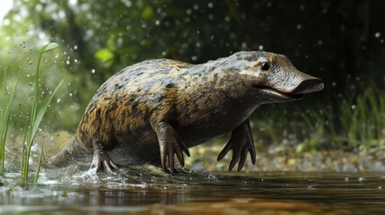 A 3D illustration of a platypus, a duck-billed, semi-aquatic mammal, with its distinctive bill and webbed feet, ready to dive into the murky depths of a freshwater stream.