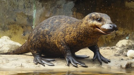 Obraz premium A 3D illustration of the platypus duck-billed animal, a unique creature with a duck-like bill, beaver-like tail, and otter-like paws, showcasing its distinctive features.