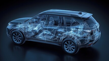 Fototapeta premium A detailed 3D illustration of an SUV, its interior illuminated by an X-ray vision effect, revealing the intricate workings of its airbags, a testament to modern automotive safety and engineering.
