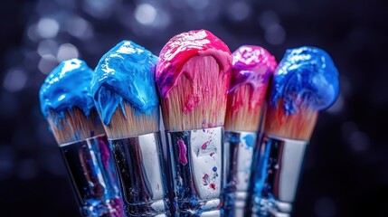 Paintbrushes with colorful paint on bristles; abstract background