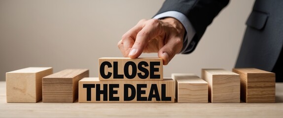 Male hand pushes a block of wood featuring text from other wooden blocks.