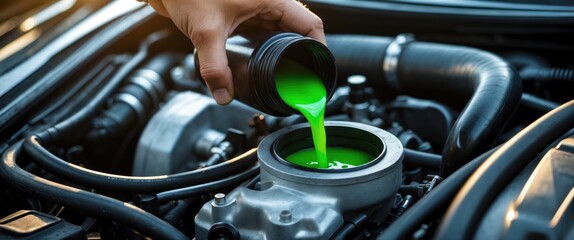 Mechanic's hand pouring pre-mixed coolant into the radiator and car cooling system. Maintenance background for cars with selective focus and empty space for text.