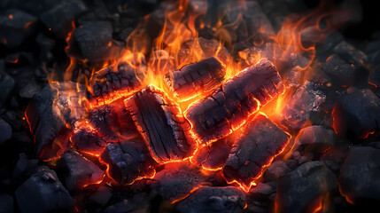 Softly glowing embers in the fire's warm light, glowing charcoal, wood fire. Ember Twilight. Illustration