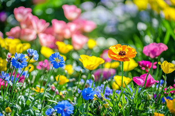 Vibrant spring flowers blooming colorful garden scene pink blue green plant petal flora sunny image