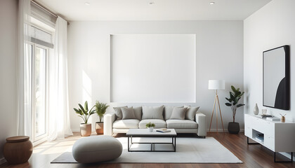 Fototapeta premium Empty frame in interior of a modern Living rooom, Paper Cutout style. White tone