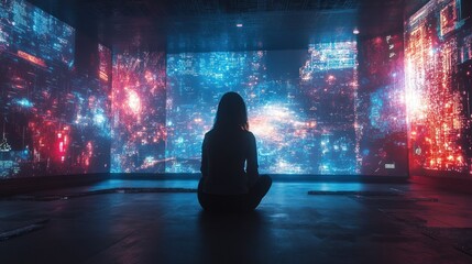 Woman Contemplating Futuristic Cityscape on Immersive Screens