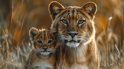 Obraz premium Lioness and cub in tall grass at sunset.